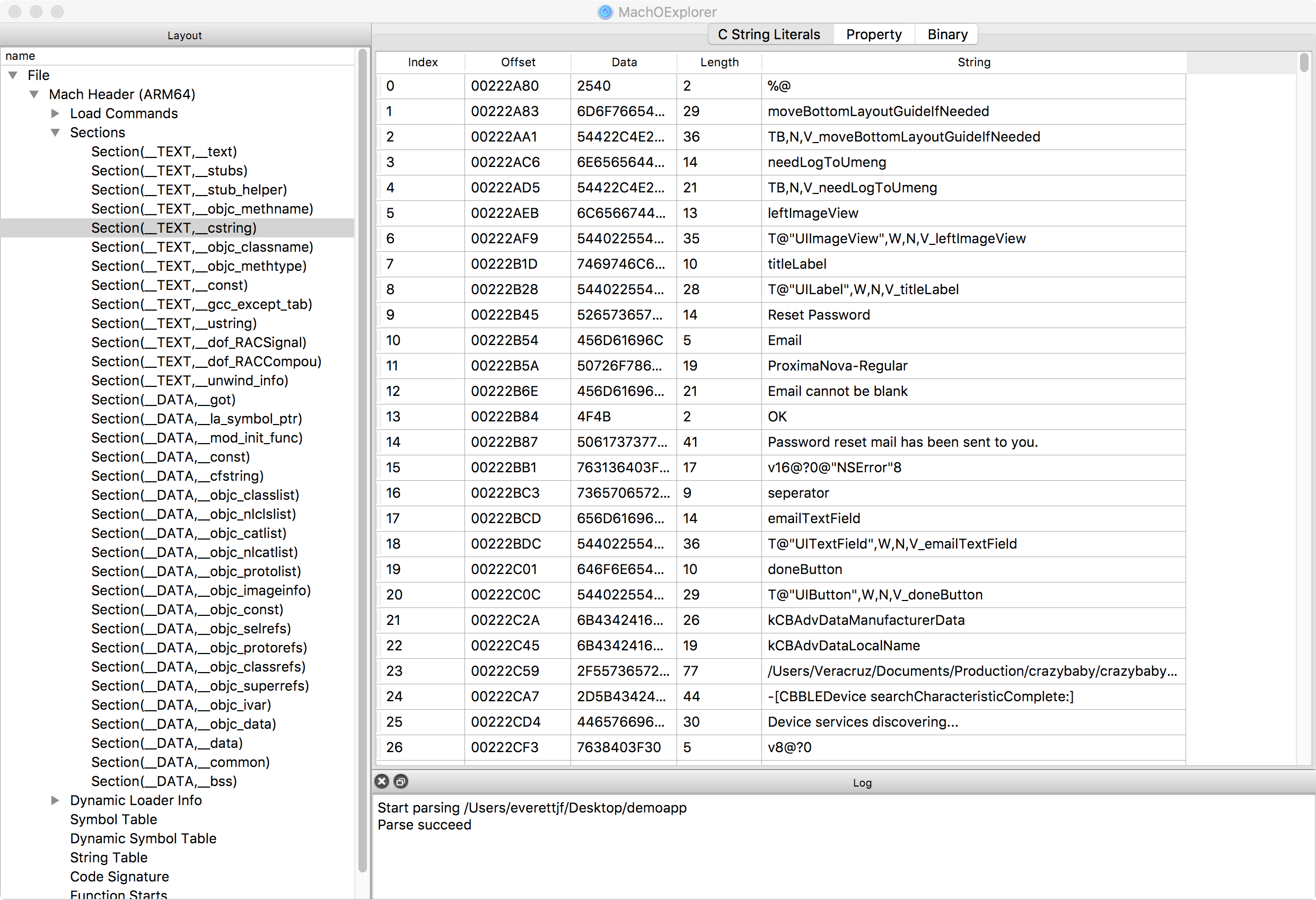 MachOExplorer showing the layout tree, a C string literals table, and the parse log